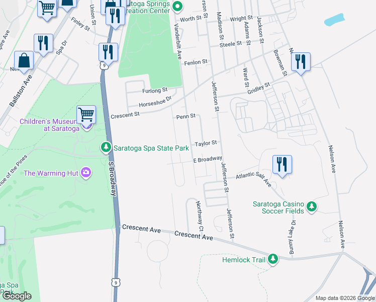 map of restaurants, bars, coffee shops, grocery stores, and more near 43 Doten Avenue in Saratoga Springs