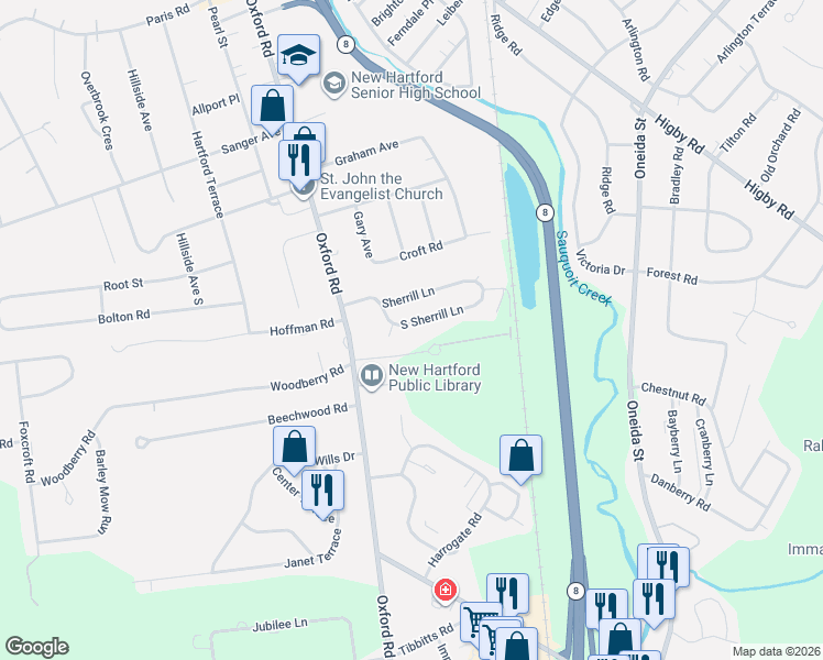 map of restaurants, bars, coffee shops, grocery stores, and more near 7 Sherrill Lane in New Hartford