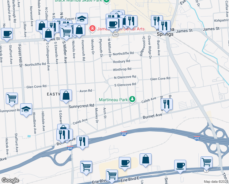 map of restaurants, bars, coffee shops, grocery stores, and more near 429 Plymouth Drive in Syracuse