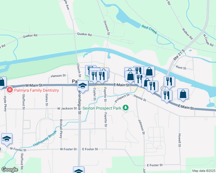 map of restaurants, bars, coffee shops, grocery stores, and more near 316 East Main Street in Palmyra