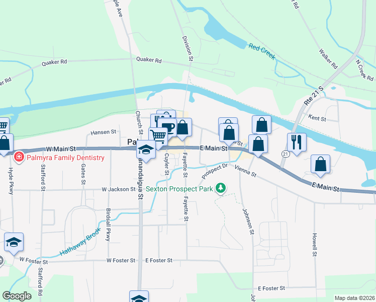 map of restaurants, bars, coffee shops, grocery stores, and more near 316 East Main Street in Palmyra