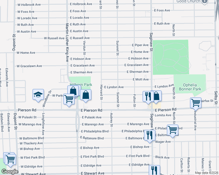 map of restaurants, bars, coffee shops, grocery stores, and more near in Flint