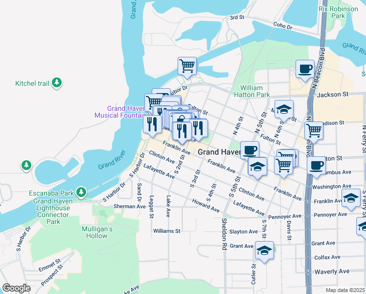 map of restaurants, bars, coffee shops, grocery stores, and more near 17 South 2nd Street in Grand Haven
