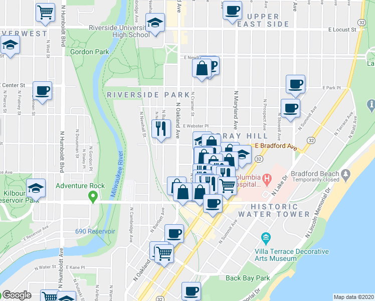 map of restaurants, bars, coffee shops, grocery stores, and more near 2490 North Cramer Street in Milwaukee