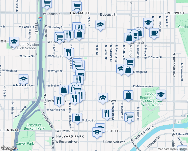 map of restaurants, bars, coffee shops, grocery stores, and more near 2468 North 2nd Street in Milwaukee