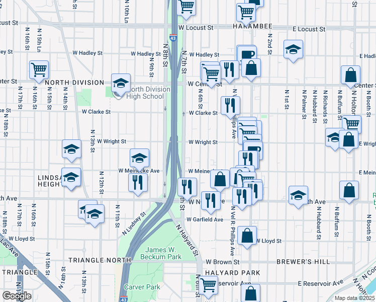 map of restaurants, bars, coffee shops, grocery stores, and more near 2466 North 7th Street in Milwaukee
