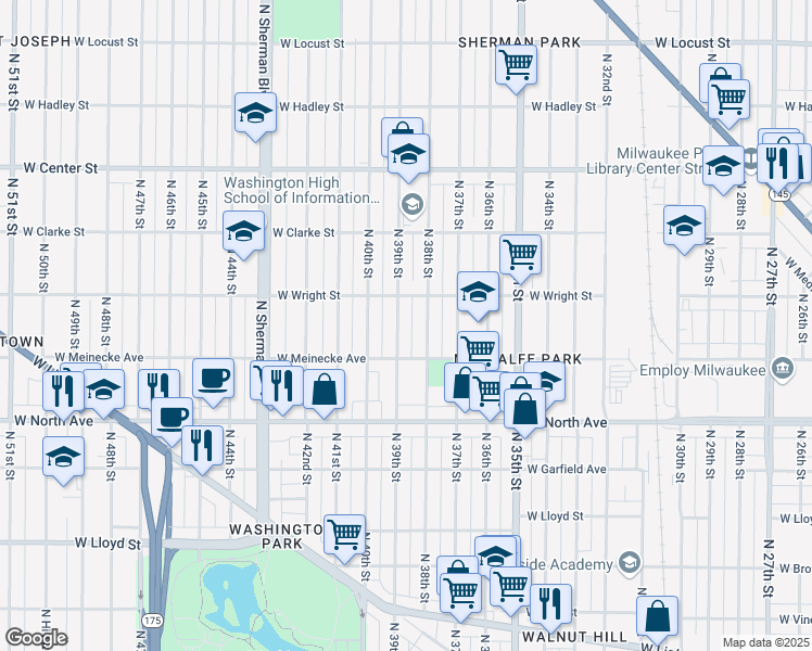 map of restaurants, bars, coffee shops, grocery stores, and more near 2449 North 38th Street in Milwaukee
