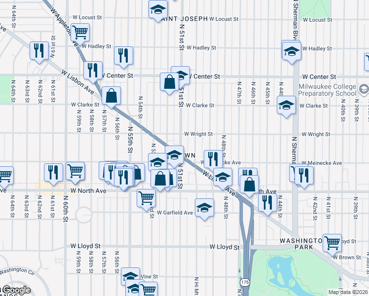 map of restaurants, bars, coffee shops, grocery stores, and more near 2447 North 50th Street in Milwaukee
