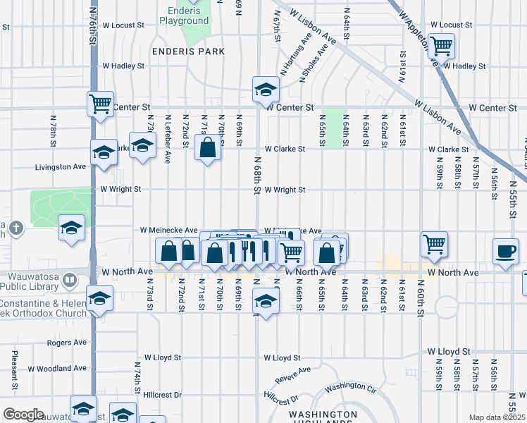 map of restaurants, bars, coffee shops, grocery stores, and more near 2436 North 68th Street in Wauwatosa