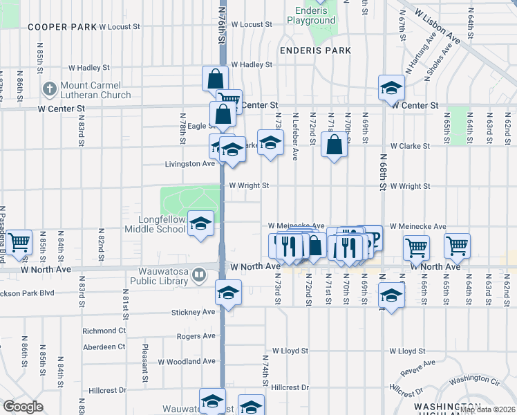 map of restaurants, bars, coffee shops, grocery stores, and more near 2436 North 74th Street in Wauwatosa
