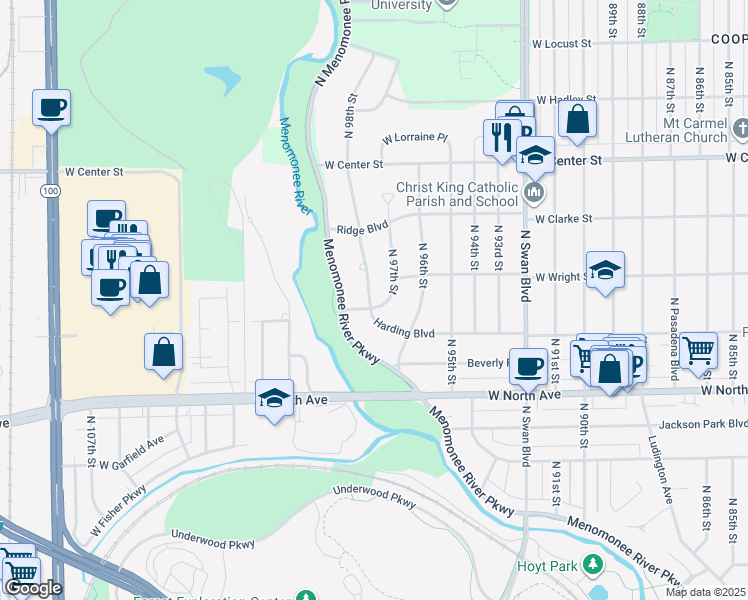 map of restaurants, bars, coffee shops, grocery stores, and more near 2441 North 97th Street in Wauwatosa