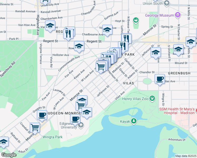 map of restaurants, bars, coffee shops, grocery stores, and more near 2010 Monroe Street in Madison