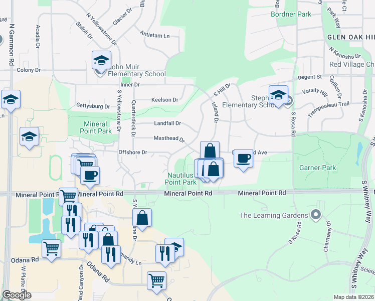 map of restaurants, bars, coffee shops, grocery stores, and more near 157 Nautilus Drive in Madison