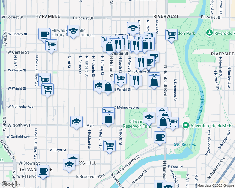 map of restaurants, bars, coffee shops, grocery stores, and more near 2461 North Booth Street in Milwaukee