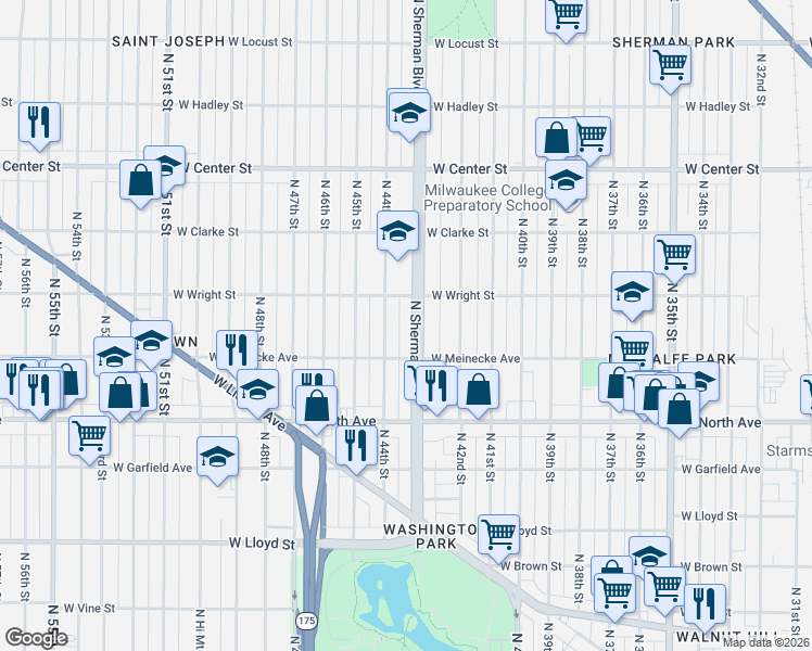 map of restaurants, bars, coffee shops, grocery stores, and more near 2453 North Sherman Boulevard in Milwaukee