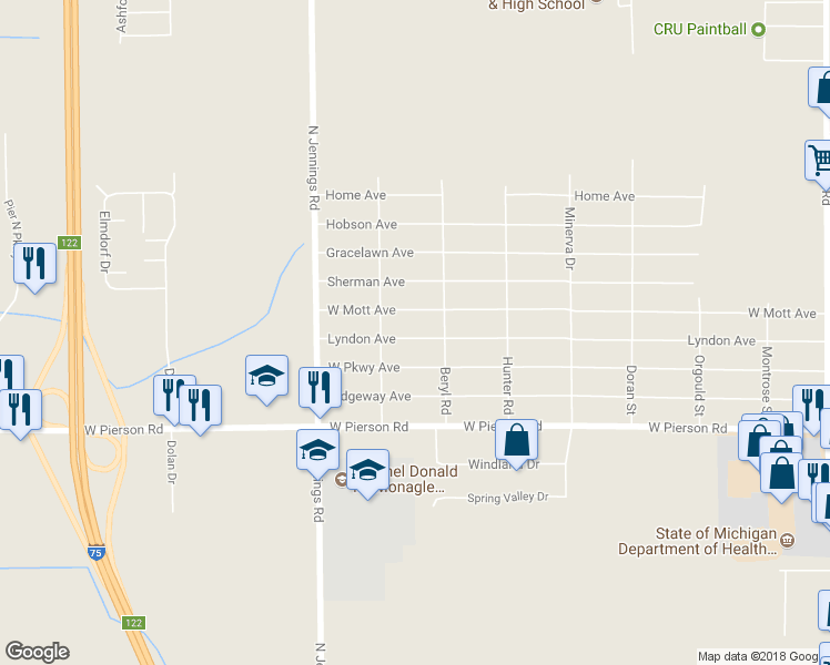 map of restaurants, bars, coffee shops, grocery stores, and more near 3424 Lyndon Avenue in Flint