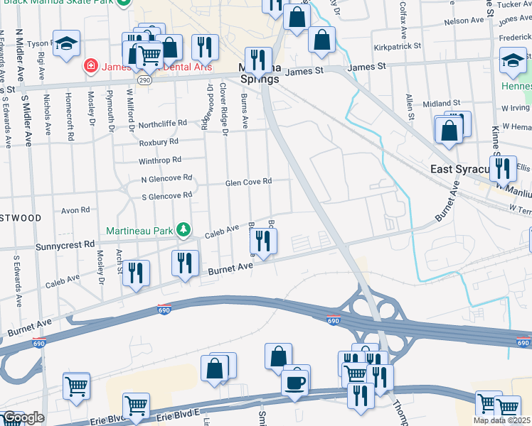 map of restaurants, bars, coffee shops, grocery stores, and more near 1821 Caleb Avenue in Syracuse