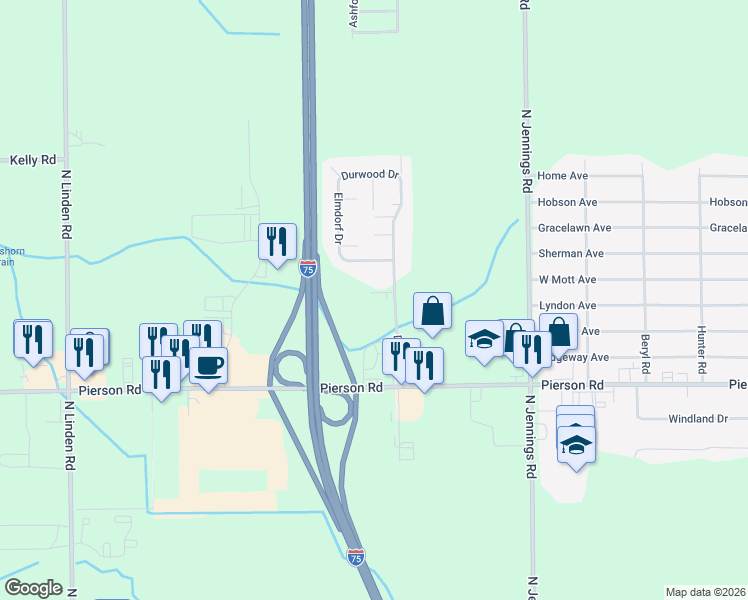 map of restaurants, bars, coffee shops, grocery stores, and more near 4099 Dolan Drive in Flint