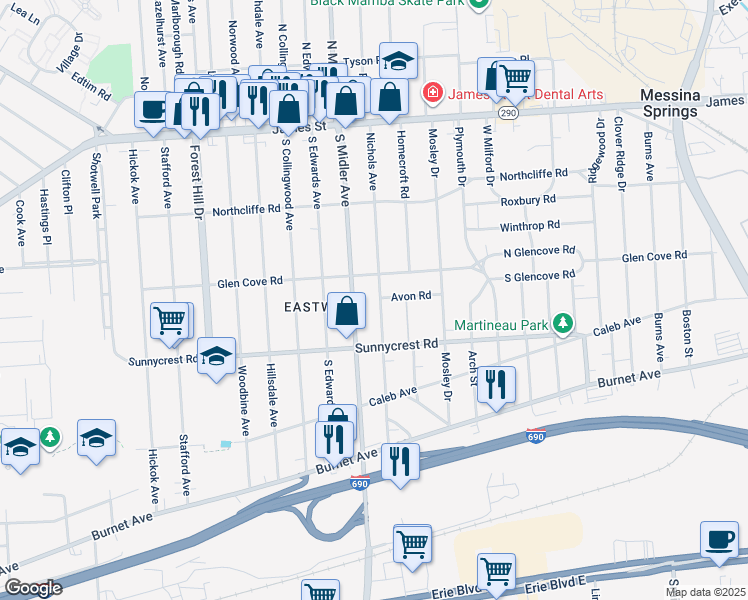 map of restaurants, bars, coffee shops, grocery stores, and more near 324 Nichols Avenue in Syracuse