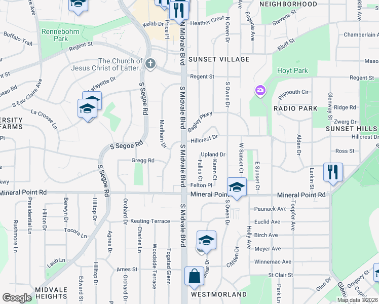 map of restaurants, bars, coffee shops, grocery stores, and more near 205 South Midvale Boulevard in Madison