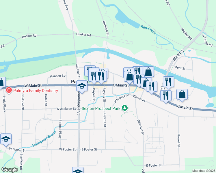 map of restaurants, bars, coffee shops, grocery stores, and more near 316 East Main Street in Palmyra