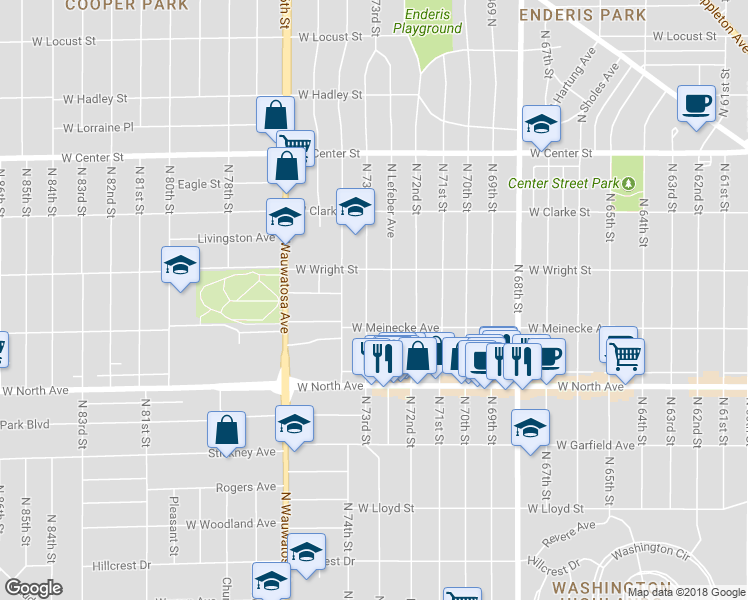 map of restaurants, bars, coffee shops, grocery stores, and more near 2438 North 73rd Street in Wauwatosa
