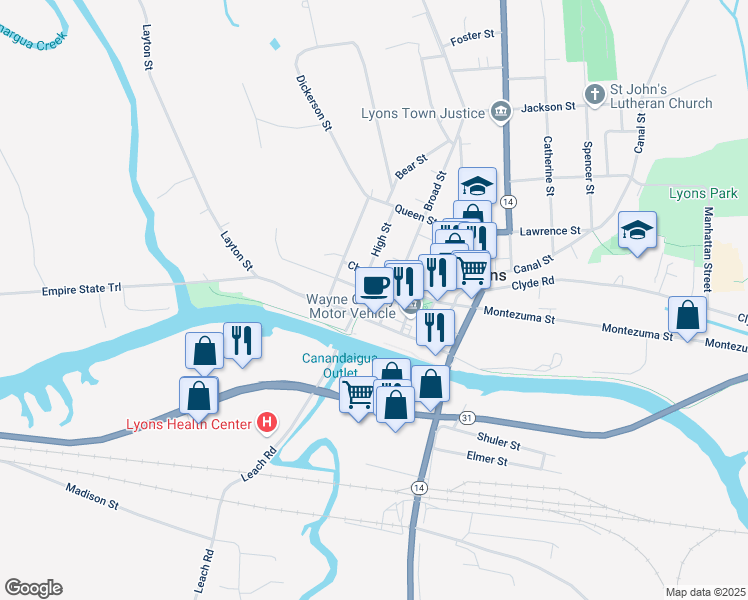 map of restaurants, bars, coffee shops, grocery stores, and more near 37 Pearl Street in Lyons