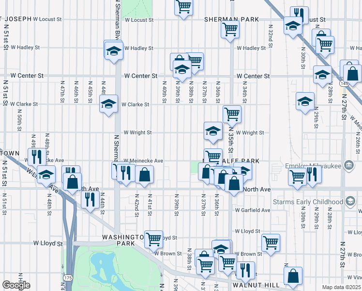 map of restaurants, bars, coffee shops, grocery stores, and more near 2449 North 38th Street in Milwaukee