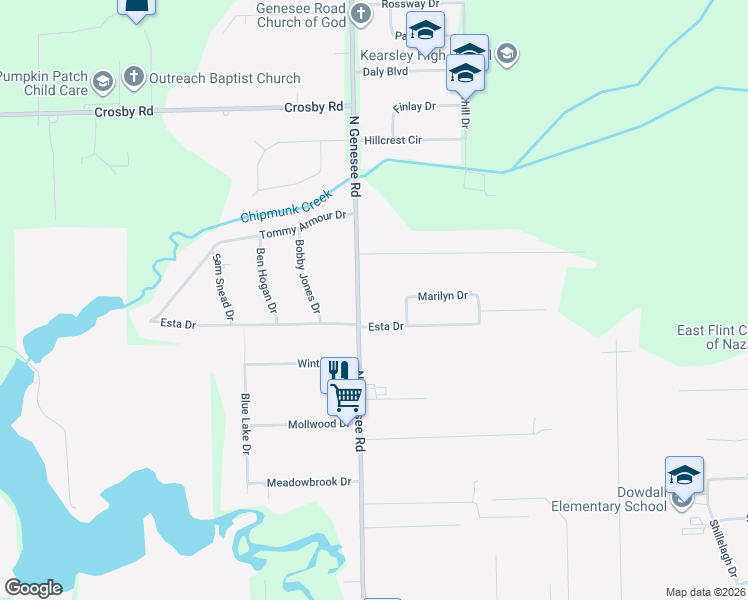 map of restaurants, bars, coffee shops, grocery stores, and more near 4044 North Genesee Road in Flint