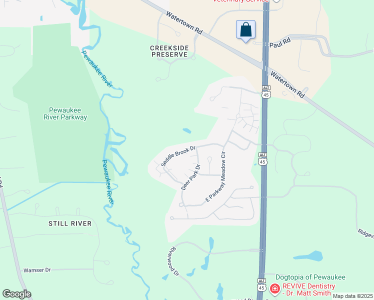 map of restaurants, bars, coffee shops, grocery stores, and more near Saddle Brook Drive in Pewaukee