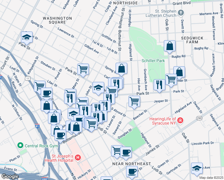 map of restaurants, bars, coffee shops, grocery stores, and more near 100 Oberst Street in Syracuse