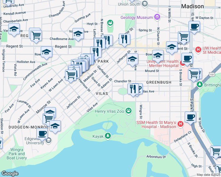 map of restaurants, bars, coffee shops, grocery stores, and more near 1702 Vilas Avenue in Madison