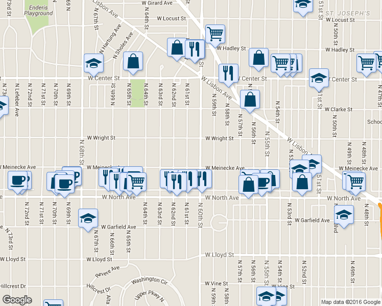map of restaurants, bars, coffee shops, grocery stores, and more near 2438 North 61st Street in Wauwatosa