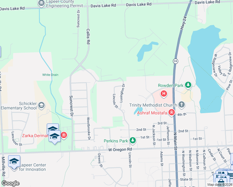 map of restaurants, bars, coffee shops, grocery stores, and more near 1421 Luxington Drive in Lapeer