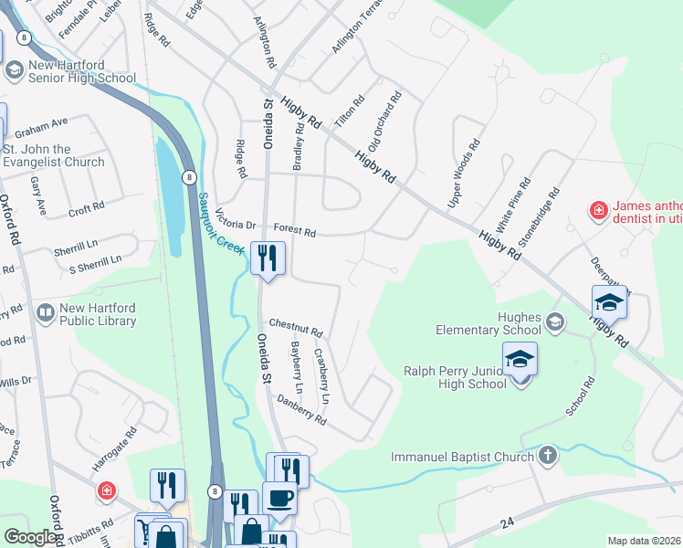 map of restaurants, bars, coffee shops, grocery stores, and more near 2 Brantwood Lane in Utica