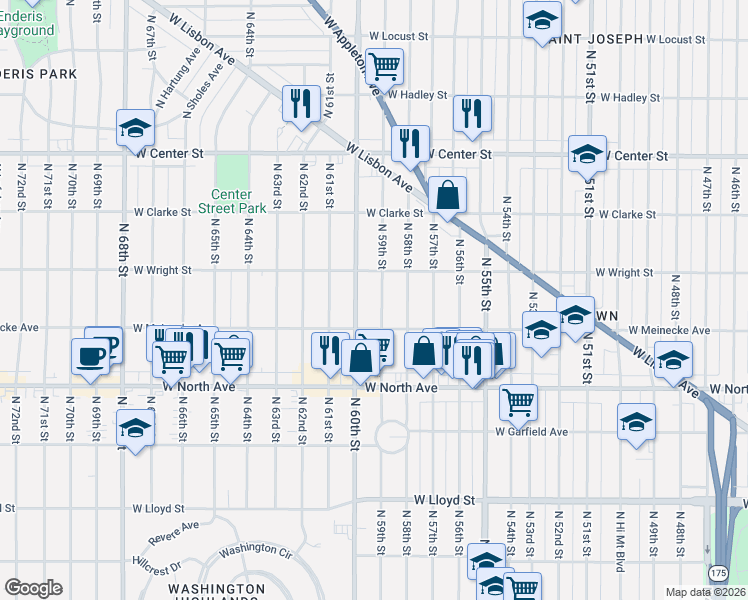 map of restaurants, bars, coffee shops, grocery stores, and more near 2440 North 60th Street in Milwaukee