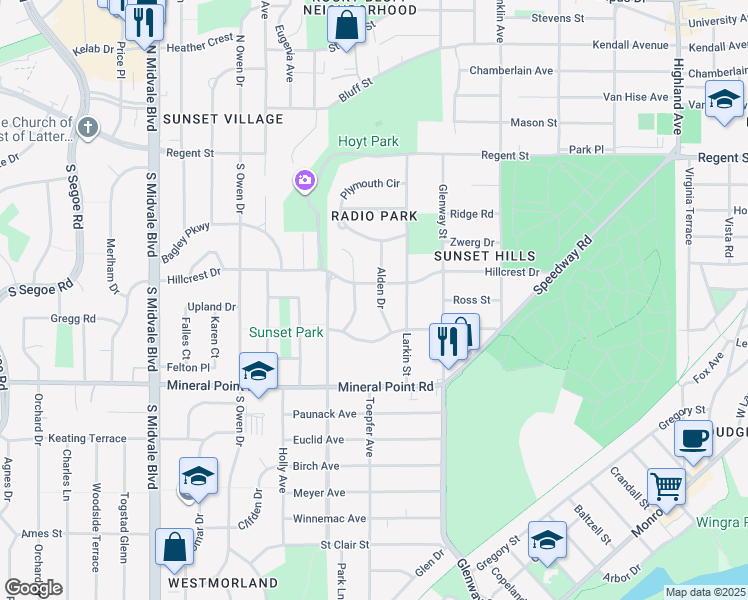 map of restaurants, bars, coffee shops, grocery stores, and more near 214 Alden Drive in Madison