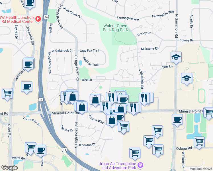 map of restaurants, bars, coffee shops, grocery stores, and more near 7525 Tree Lane in Madison