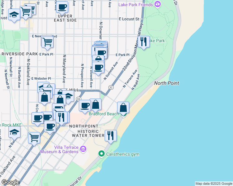 map of restaurants, bars, coffee shops, grocery stores, and more near 2535 North Terrace Avenue in Milwaukee