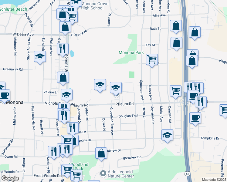 map of restaurants, bars, coffee shops, grocery stores, and more near 702 Pflaum Road in Madison