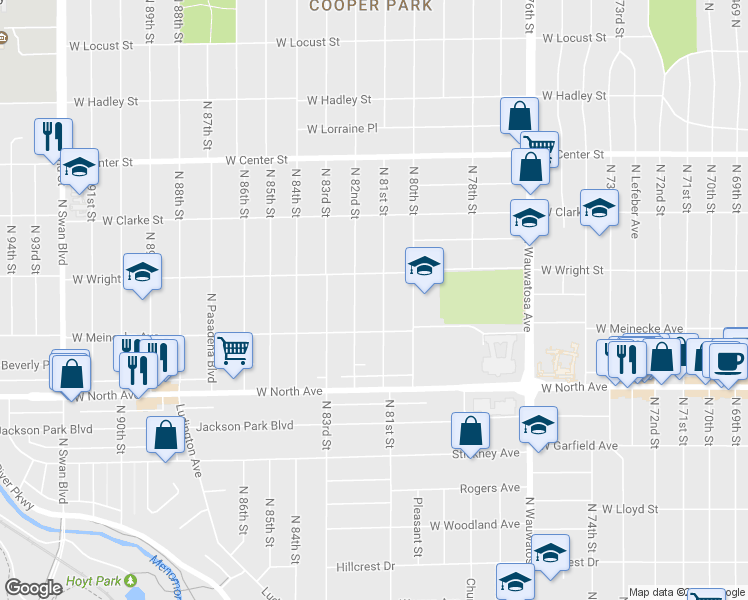 map of restaurants, bars, coffee shops, grocery stores, and more near 2445 North 81st Street in Wauwatosa
