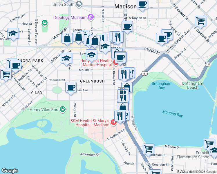map of restaurants, bars, coffee shops, grocery stores, and more near 1014 Vilas Avenue in Madison
