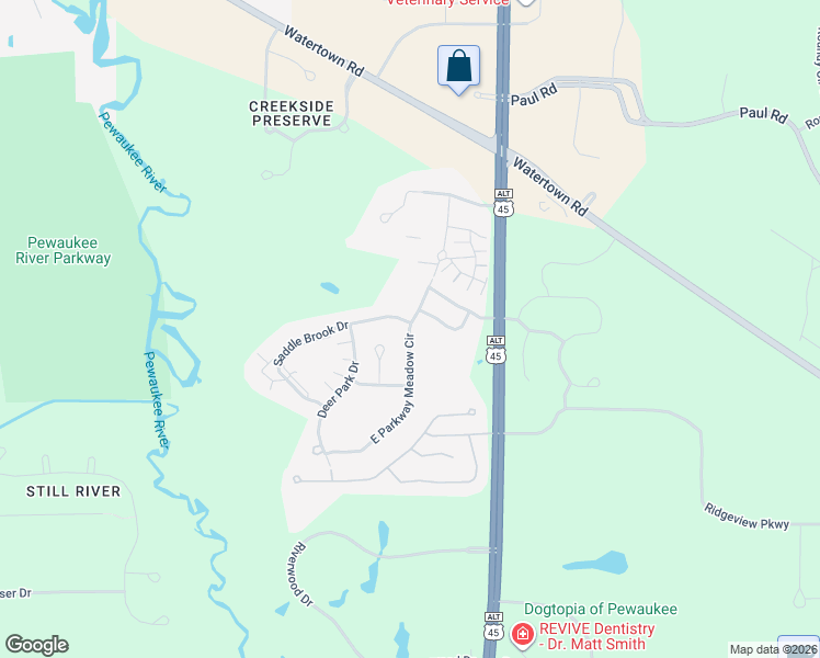 map of restaurants, bars, coffee shops, grocery stores, and more near East Parkway Meadow Circle in Pewaukee