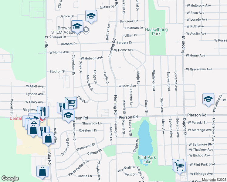 map of restaurants, bars, coffee shops, grocery stores, and more near 5505 Fleming Road in Flint