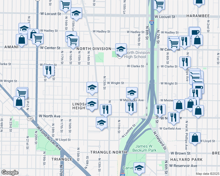 map of restaurants, bars, coffee shops, grocery stores, and more near North 12th Street in Milwaukee
