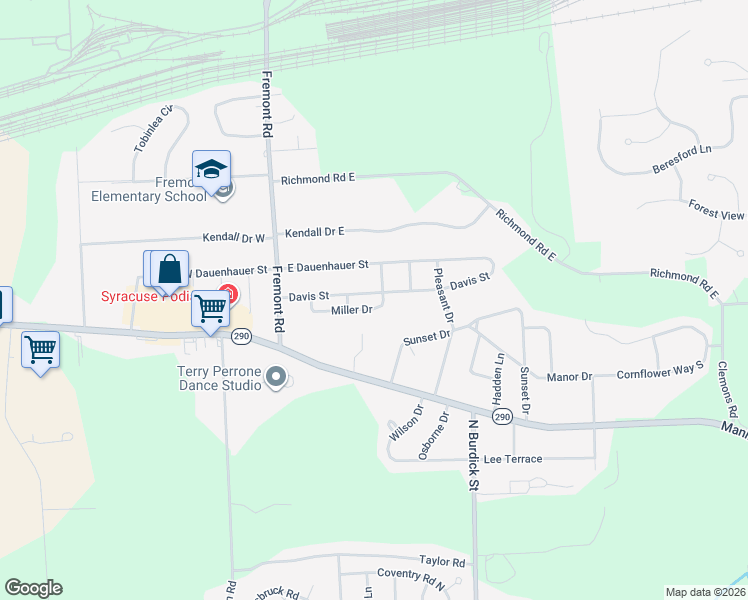map of restaurants, bars, coffee shops, grocery stores, and more near 131 Miller Dr in East Syracuse