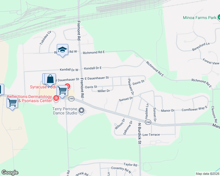 map of restaurants, bars, coffee shops, grocery stores, and more near 131 Miller Drive in East Syracuse