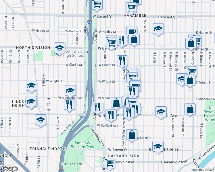 map of restaurants, bars, coffee shops, grocery stores, and more near 539 West Wright Street in Milwaukee