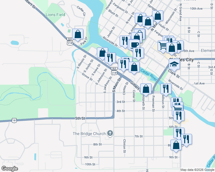 map of restaurants, bars, coffee shops, grocery stores, and more near 406 S Jackson St in Charles City