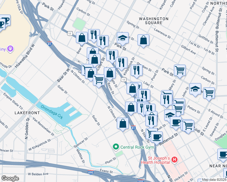 map of restaurants, bars, coffee shops, grocery stores, and more near 306 Basin Street in Syracuse